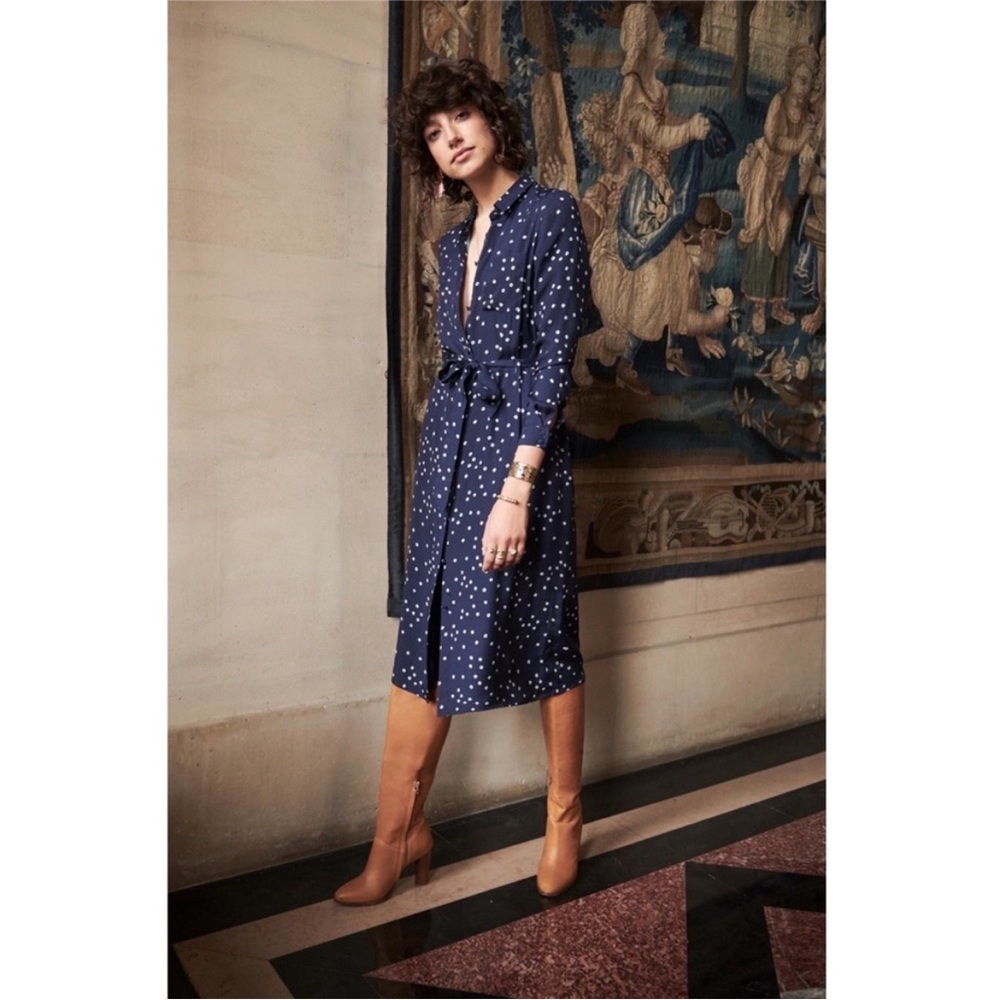 Sezane Lexie Shirtdress Midi Dress Navy Jacquard Small Flowers